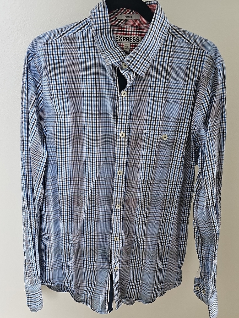 Express Men’s Light Blue and White Plaid Button-Down Shirt